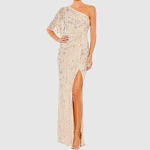 NWT Mac Duggal Sz 2 One-Shoulder Nude Embellished Faux Wrap Gown 93635 $698